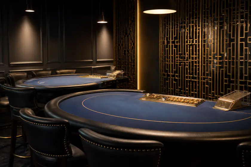 Kék posztós blackjack-asztalok réz zsetontartóval, sötét háttérrel